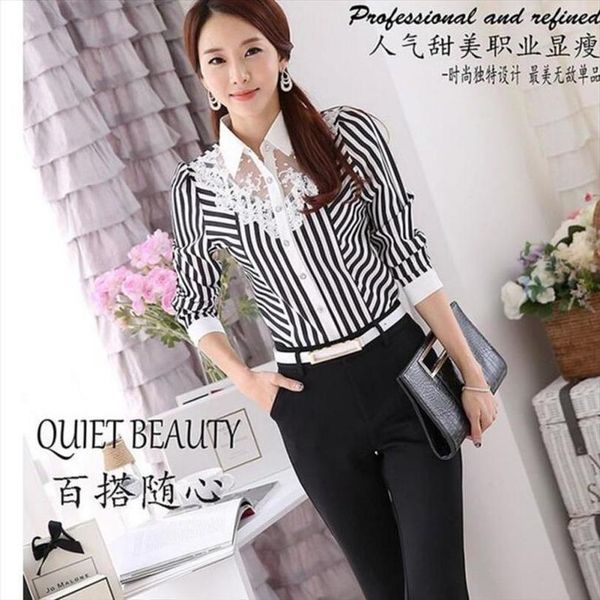 

women blouse long sleeve lace long sleeve striped turn down collar blouses official female formal shirt spring autumn, White