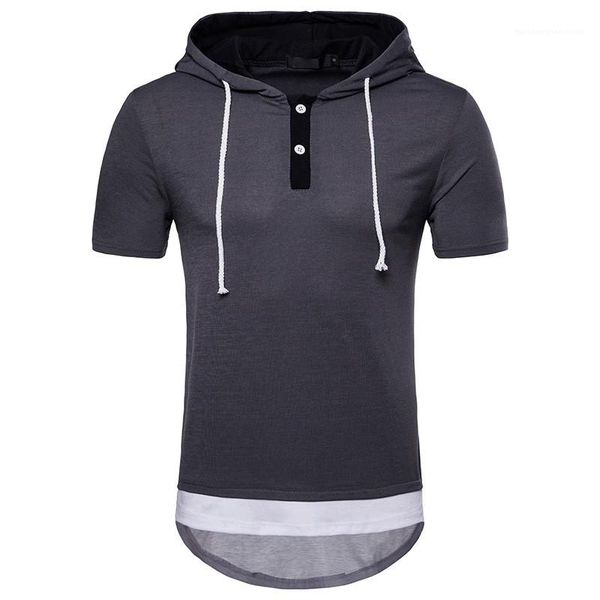 

hip hop teenagers tees hooded drawstring summer mens tshirts short sleeve slim casual tees patchwork button, White;black