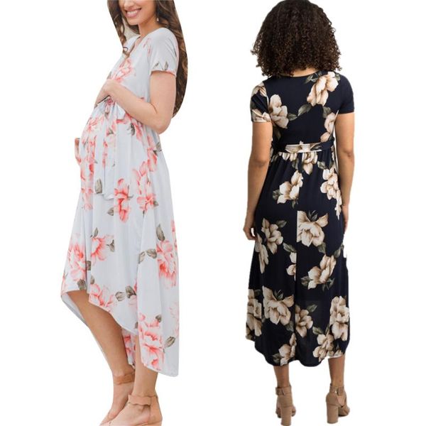 

2020 summer maternity floral dress for pregnant woman casual v-neck sundress short sleeve flower dress outdoor clothes s-2xl, White