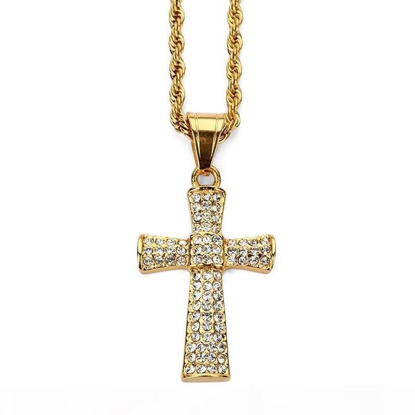 

fashion men cross hip hop pendant necklace full rhinestone jewelry stainless steel 18k gold plated long 60cm chains punk rock micro men, Silver