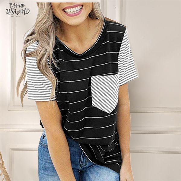 

striped t shirt women o neck short sleeve 2020 new pocket tee shirts women clothes casual female women raglan sleeves tshirt, White