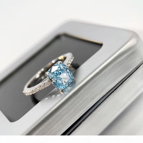 

s925 sterling silver luxurious novo blue 1.5oct size large square diamond decorate charm ring jewelry christmas day gift ps6424, Golden;silver