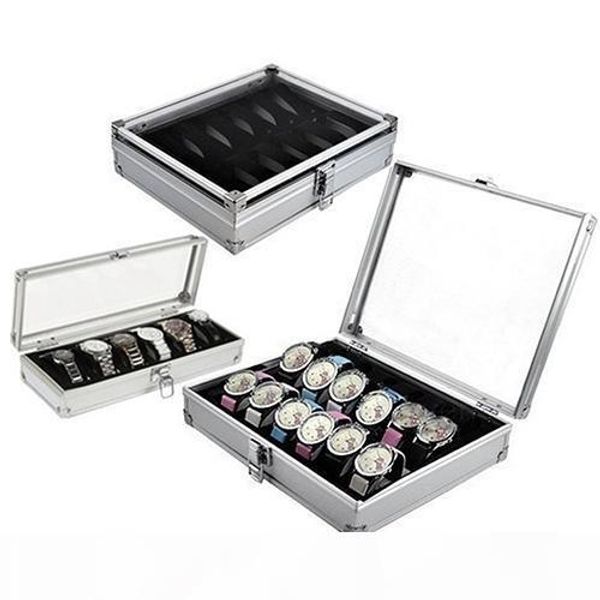 

6 12 grid slots watch box convenient light watch winder jewelry wrist watches case holder display storage box aluminium organize, Black;blue