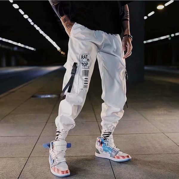 

hip hop mens pants joggers sweatpants men trousers streetwear men casual pants patchwork pocket side tactical pants, Black