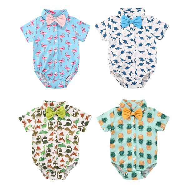 

0-18m заново лето джентльмен дети мальчиков bodysuits 4 цвета лук с коротким рукавом печать однобортный комбинезоны, Blue