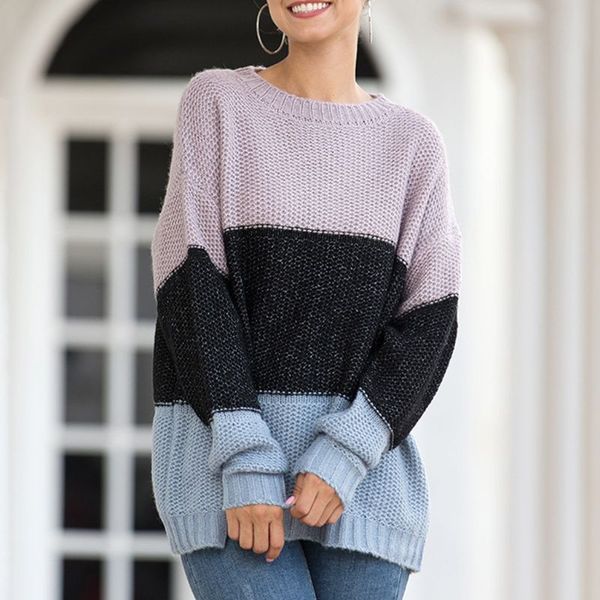

women long sleeve knitted sweater loose pullover tunic color block wide stripes o-neck slounchy jumper streetwear, White;black