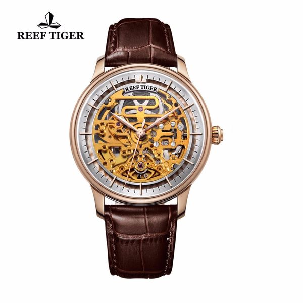 

reef tiger/rt skeleton automatic watch rose gold brown leather strap wrist watch ultra thin unique watch men 2019 rga1975