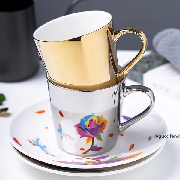 

light luxury european new design gold and silver mug ceramic coffee mug tea milk cup and spoon mirror cup porcelain as gift bar t200506