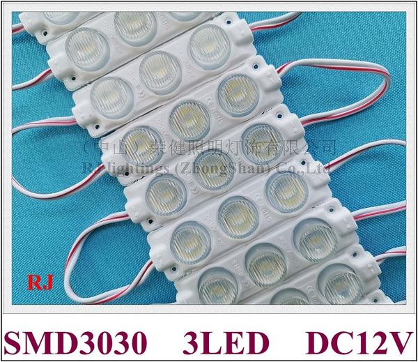 Lâmpada da lâmpada do módulo LED com lente DC12V 75mm x 20mm ângulo de feixe verticalmente 15 graus e horizontalmente 45 graus IP65 SMD 3030 3 LED 3W para caixas de iluminação de publicidade