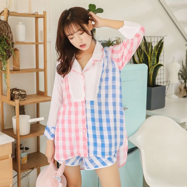 

o5ome summer new color matching plaid women's home clothes and shorts pajamas suit comfortable and cool cotton silk cropped sleeve shor, Blue;red