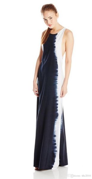 

women dress summer fashion round neck striped print sleeveless elegant dark blue lady skirt natural waist casual split dresses size s-xl d2, Black;gray