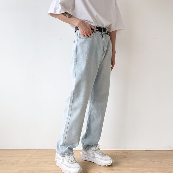 

male japan korea streetwear hip hop jeans long trousers men vintage washed loose casual wide leg straight denim pants, Blue