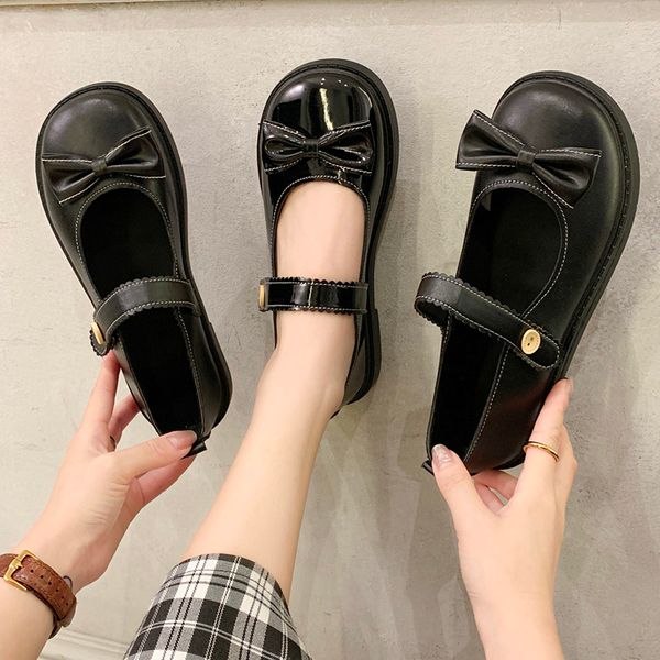 

lolita shoes women mary janes shoes patent leather buckle flats butterfly knot shallow ladies black zapatos mujer 8236c
