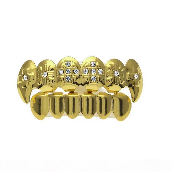 

18k gold plated inlay rhinestone hip-hop teeth mouth grillz caps & bottom grill set vampire teeth plastic box gift, Black