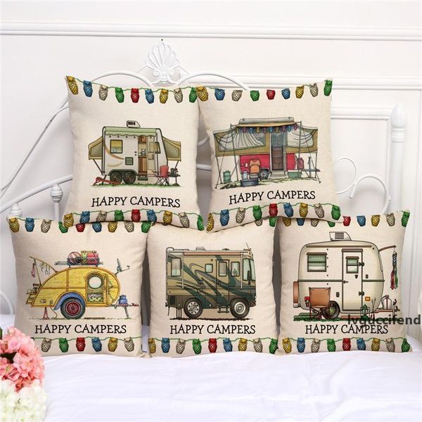 

happy camping car pillow case dog cow sofa cushion cover cotton linen pillow case camping car square decorative pillow cases