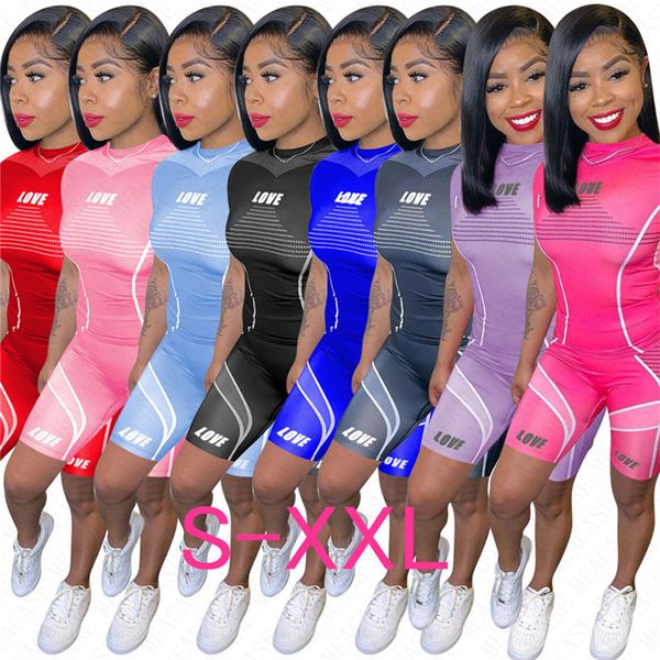 

women outfit designer tracksuit letters print pullover t-shirt and biker shorts sportwear yoga fitness two piece sweat suits d7708, White