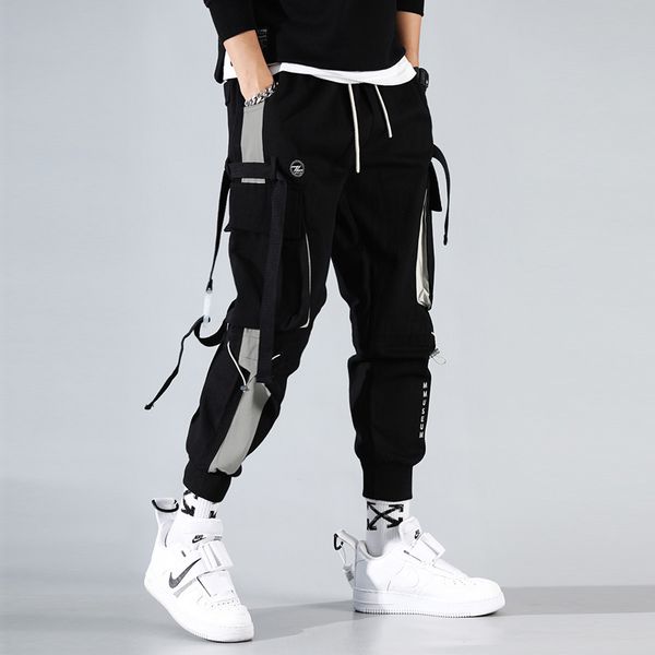 

fashion men ribbons color block black pocket cargo pants 2020 joggers harajuku sweatpant hip hop trousers sweatpants tkl8