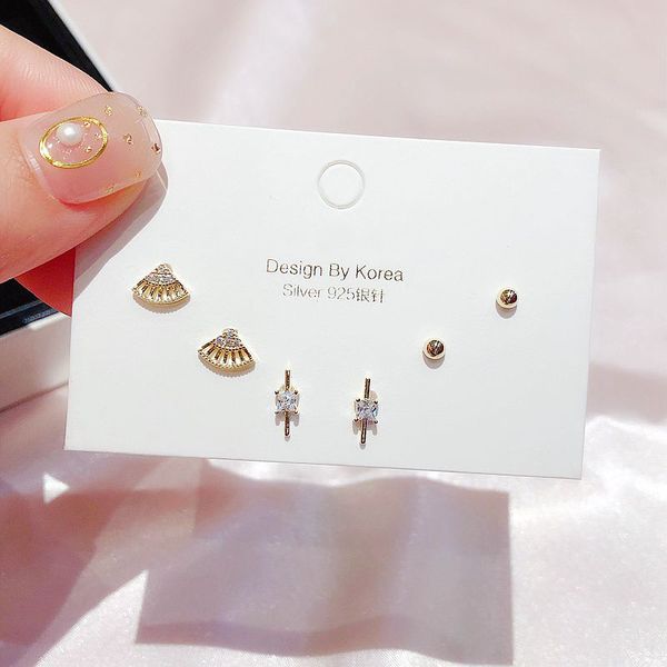 

trendy 3 pairs small geometric sector stud earrings gold color cubic zircon crystal earrings women jewelry, Golden;silver