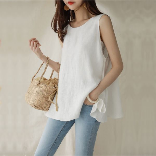 

yei35 round neck a-line slimming large swing sleeveless vest 2020 summer belt waist cool cotton and linen skirt large size cotton and linen, White