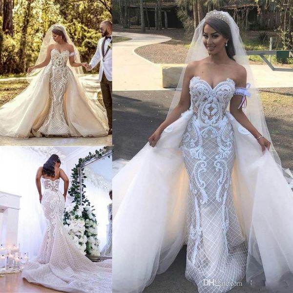 

modern garden mermaid wedding dresses with detachable train 2020 luxury lace applique sweetheart trumpet country bride wedding gown, White