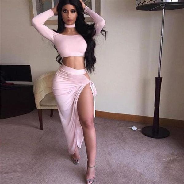 

sleeveless 2 piece set women bandage bodycon evening dress package hip clubwear mini crop pencil skirt set off shoulder, Gray