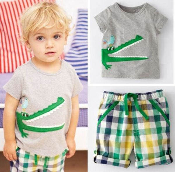 

uk stock toddler kids boys summer t-shirt plaid shorts casual outfits set, White