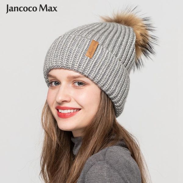 

winter thick warm female fashion acrylic beanies real raccoon fur pompom knitted hats women s7587, Blue;gray