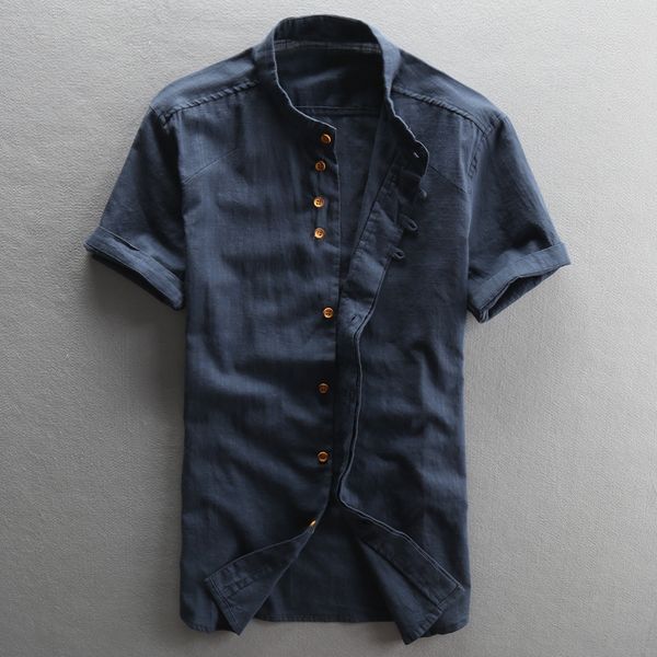 

men's casual shirts vintage mandarin collar short sleeves cotton linen white blue style thin summer shirt men male, White;black