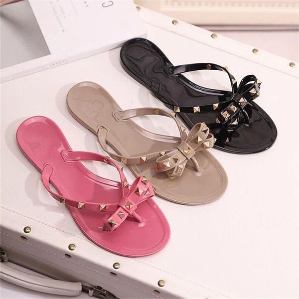 

women's slippers rivet hapucky butterfly-knot flat shoes 2020 new sell summer beach women's flip flops shoes large size34-41, Black