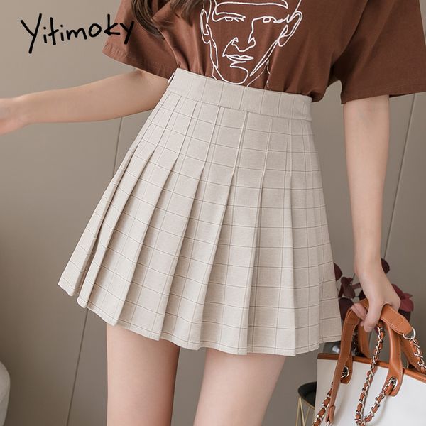 

skirts yitimoky pleated plaid women skirt harajuku green a-line with shorts lined beige korean high waist fashion 2021, Black