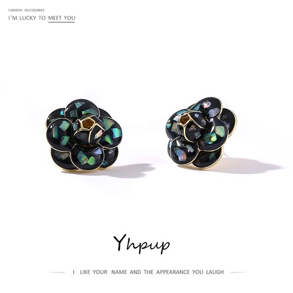 

yhpup stud earrings natural shell enamel mountain flower luxury elegant earrings brand s925 post jewelry female, Golden;silver