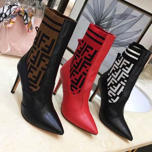 

women leather elastic knitted stitching trend pointed knit stitching high-heeled stiletto boots with a height of 10 cm wedding, Black