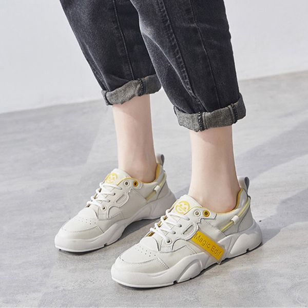 

100% genuine leather shoes women sneakers 2020 spring clunky sneakers casual women flats cow leather female white shoes a2137, Black