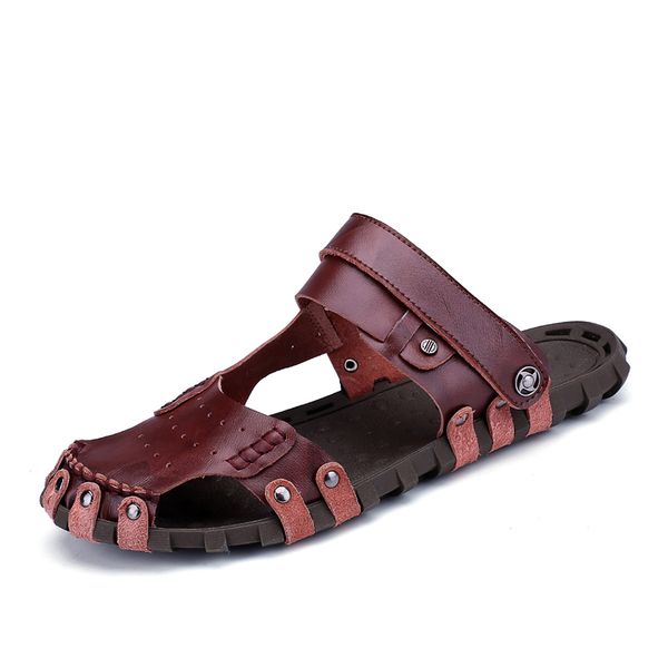 

enlenbenna summer roman men sandals genuine leather sneaker male beach elastic slippers native rubber sandals men sale, Black