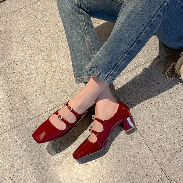 

party casual 2020 autumn new chunky heel square head shallow mouth women's leather plus-sized fashion mary jane shoes square toe, Black