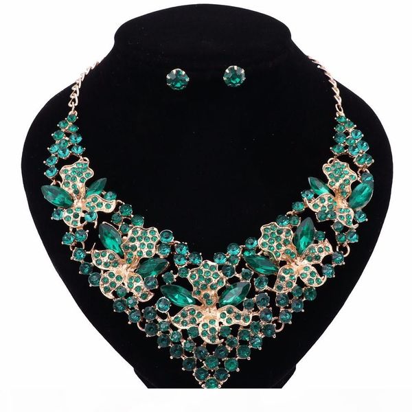 

dress accessories gold plated rhinestones crystal african jewelry sets for women wedding prom bridal earrings necklace set, Black