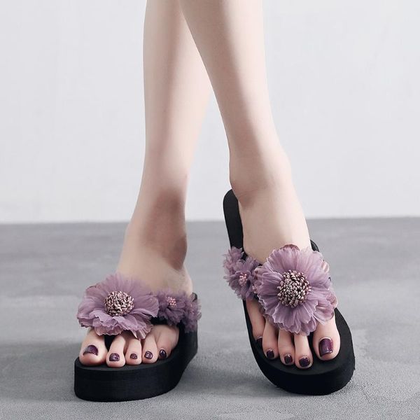 

summer flip flops women boho outdoor slippers beach sandals women flower wedges slippers casual shoes, Black