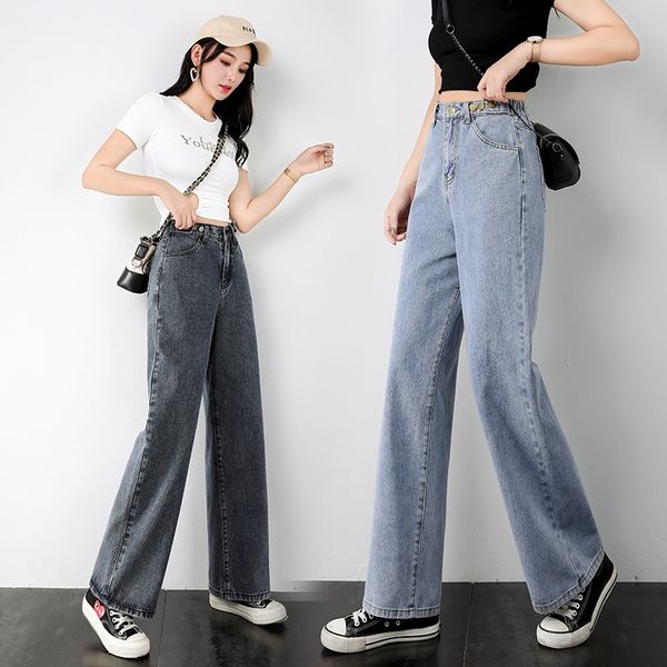 

sgmr0 large size eant jeans women's half elastic waist mop women's autumn jeans pantswide pants leg pantsfat mm vertical straight, Blue