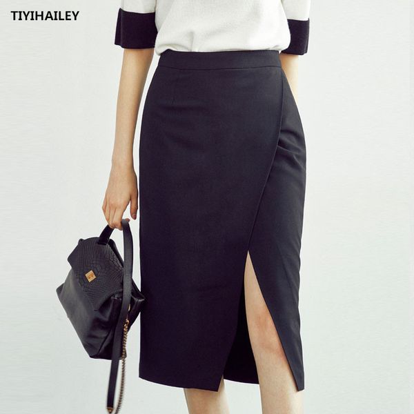 

tiyihailey fashion elegant long knee length women summer slit s-2xl high waist black formal slim hip skirt