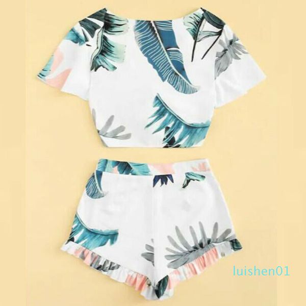 

2020 fashion floral women summer 2piece set crop and shorts loose outfit short casual jumpsuit l01, White;black