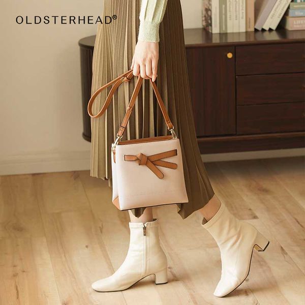 

laorentou fashion khaki bucket bag for women cowhide shoulder messenger bag ladies casual travel female cross-body mini handbag