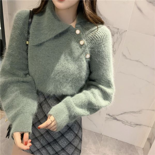 

retro lazy style irregular lapel oblique button loose long-sleeved short sweater women's autumn and winter, White;black