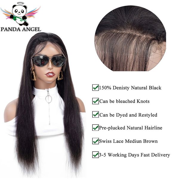 

mongolian straight lace front human hair wigs pre-plucked bleached knots 150% density panda remy 13x4 human hair lace front wigs, Black