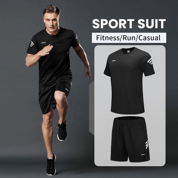

running suit men breathable quick dry sportwear short sleeve t-shirt shorts jogging suits male gym sport training fitness sets, Gray
