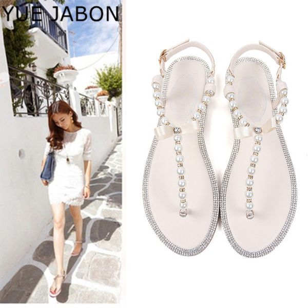 

pearl sandals women ladies summer bohemia beach sandal string bead casual buckle strap flat shoes open toe shoes woman flip flop, Black