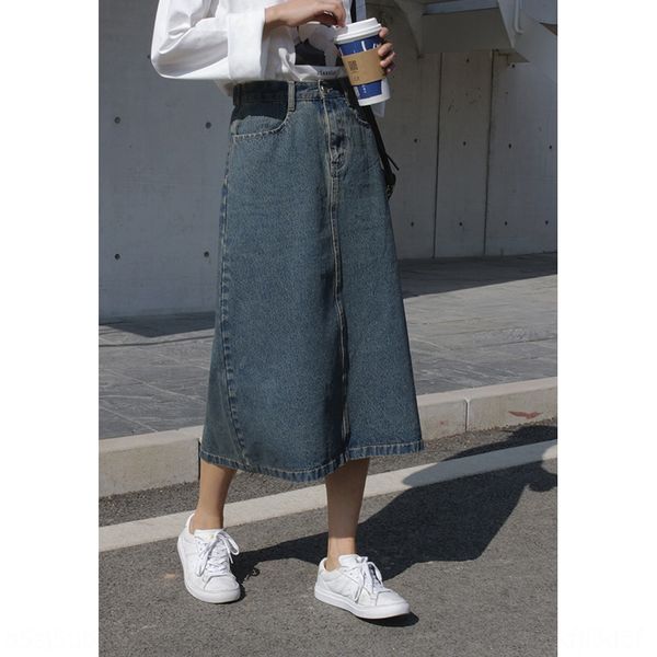 

nostalgic blue mid-slit a- line denim denim skirt high waist solid color washing medium-length a- line skirt, Black