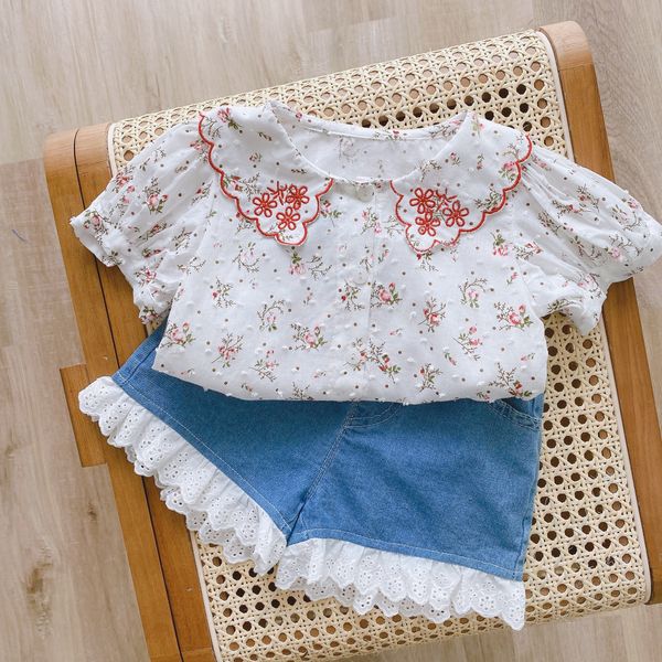 

girl's short-sleeved summer 2020 new female national shirt baby's ethnic floral children's bubble sleeve shirt thin, White;black
