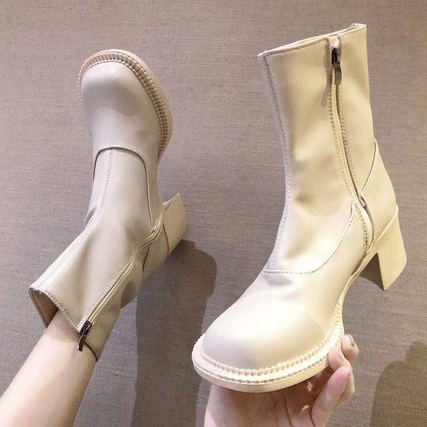 

designer boots female mid calf boots 2020 autumn new leather women booties ziper white winter women shoes, Black