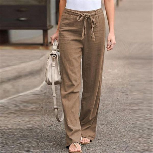 

women's pants & capris 2021 fashion streetwear women solid cotton vintage linen sashes straight casual long loose trousers vestidos, Black;white