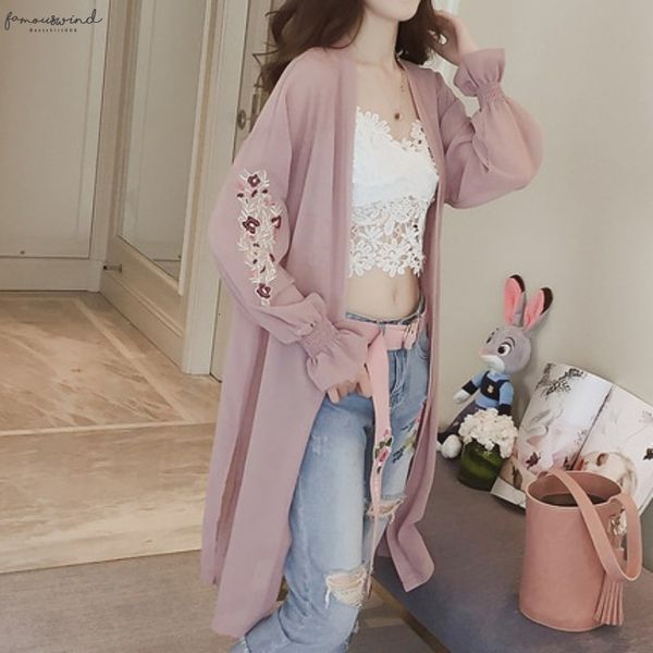 

summer kimono cardigan pink white women 2020 korean flare sleeve floral embroidery chiffon blouse long shirt women cardigans
